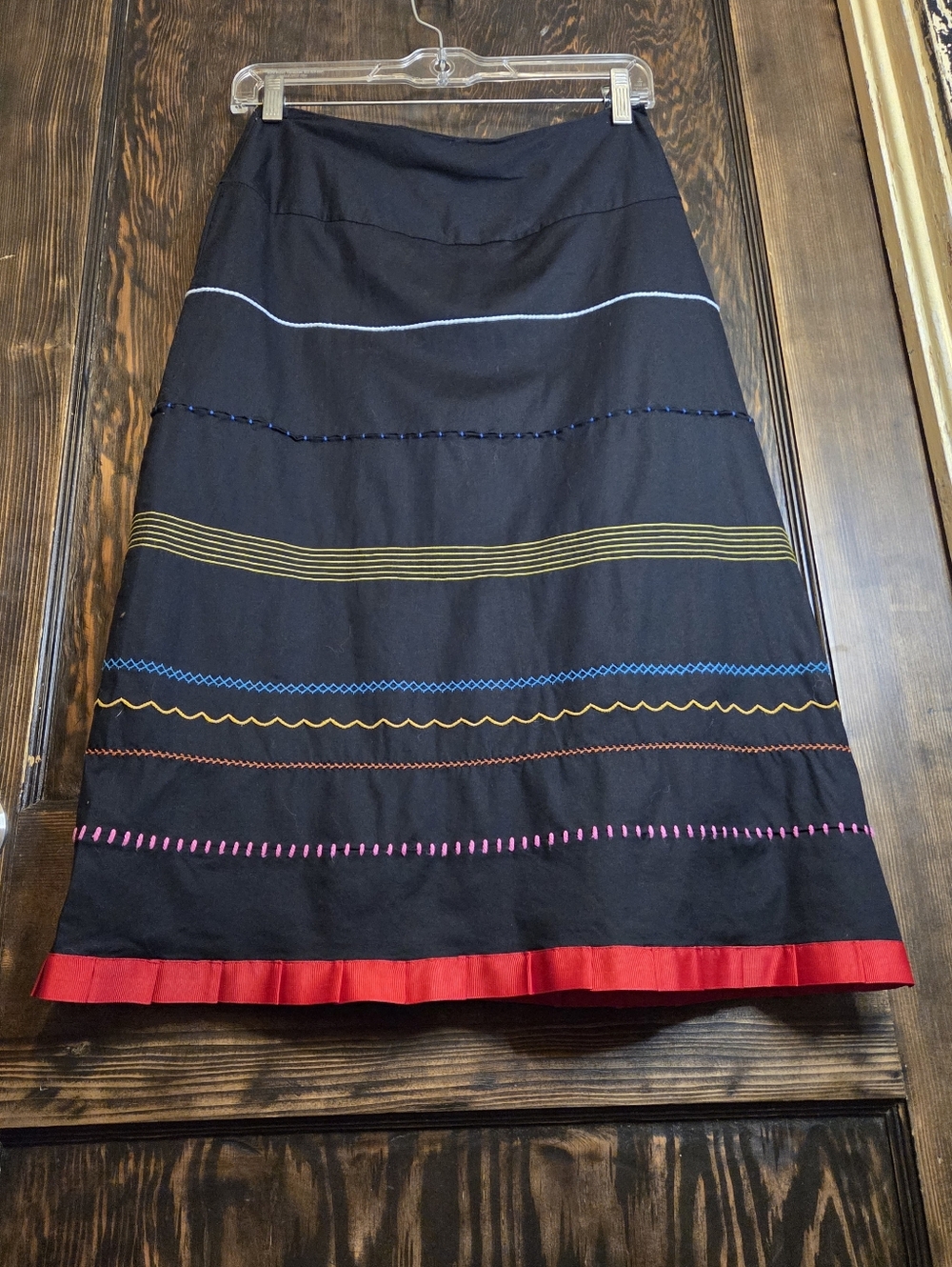 Lyrique Black A-Line Skirt w/ Multicolor Hand Embroidered Stitching & Red Hem
